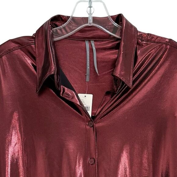 Anthropologie Shine Button Down Shirt Small Burgundy Metallic Top OVERSIZED NWT - Picture 5 of 11